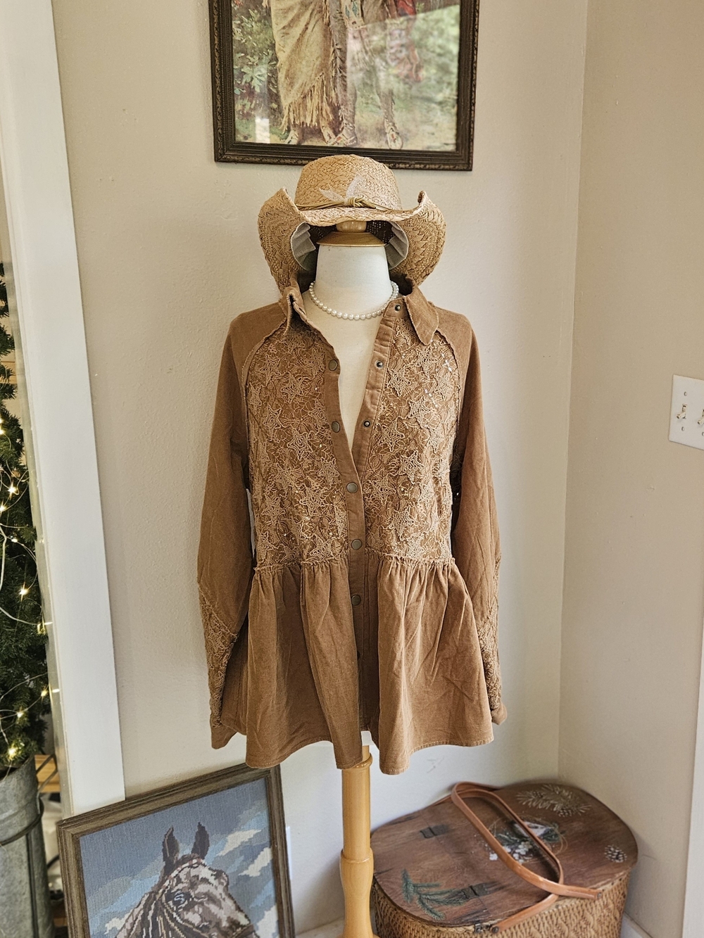 Embroidered Stars Peplum Tunic Jacket in Brown